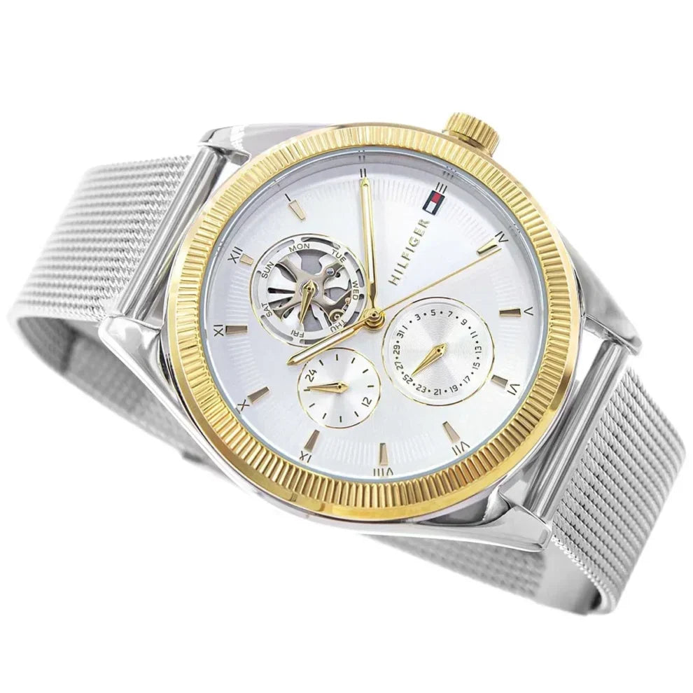 Tommy Hilfiger Monica 1782713 38mm Women's Multi-Function Watch – White Semi-Skeleton & Silver Stainless Steel Mesh Bracelet
