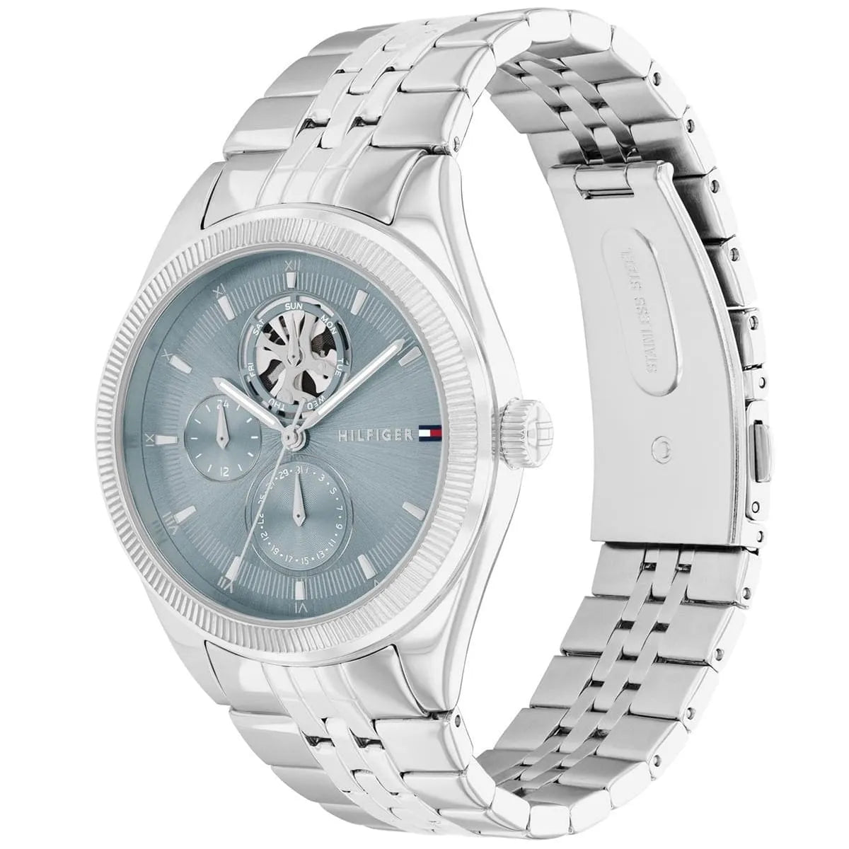 Tommy Hilfiger Monica 1782714 38mm Women's Multi-Function Watch – Light Blue Semi-Skeleton & Silver Stainless Steel Bracelet