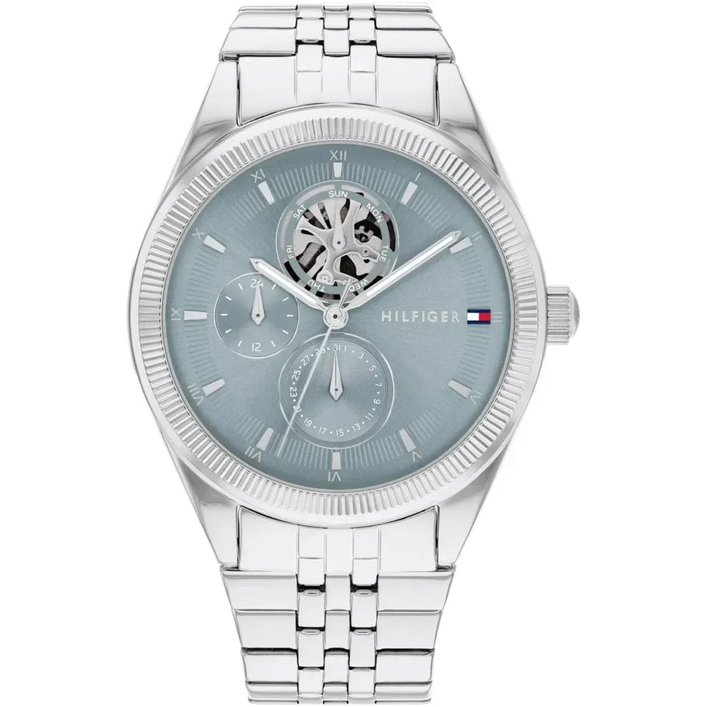 Tommy Hilfiger Monica 1782714 38mm Women's Multi-Function Watch – Light Blue Semi-Skeleton & Silver Stainless Steel Bracelet