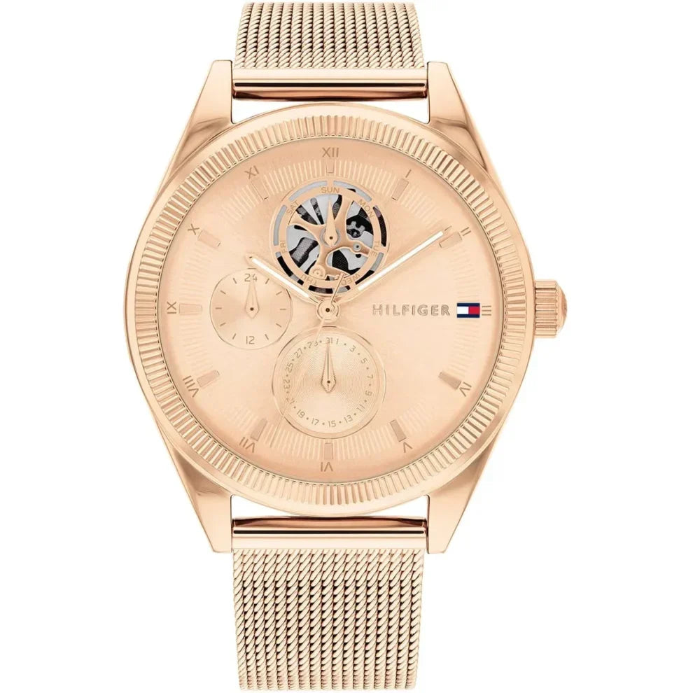 Tommy Hilfiger Monica 1782715 Women's Multi-Function Watch – Rose Gold Semi-Skeleton & Rose Gold Rubber Strap
