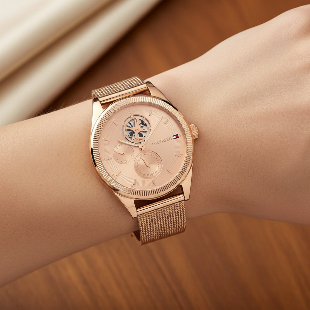 Tommy Hilfiger Monica 1782715 Women's Multi-Function Watch – Rose Gold Semi-Skeleton & Rose Gold Rubber Strap