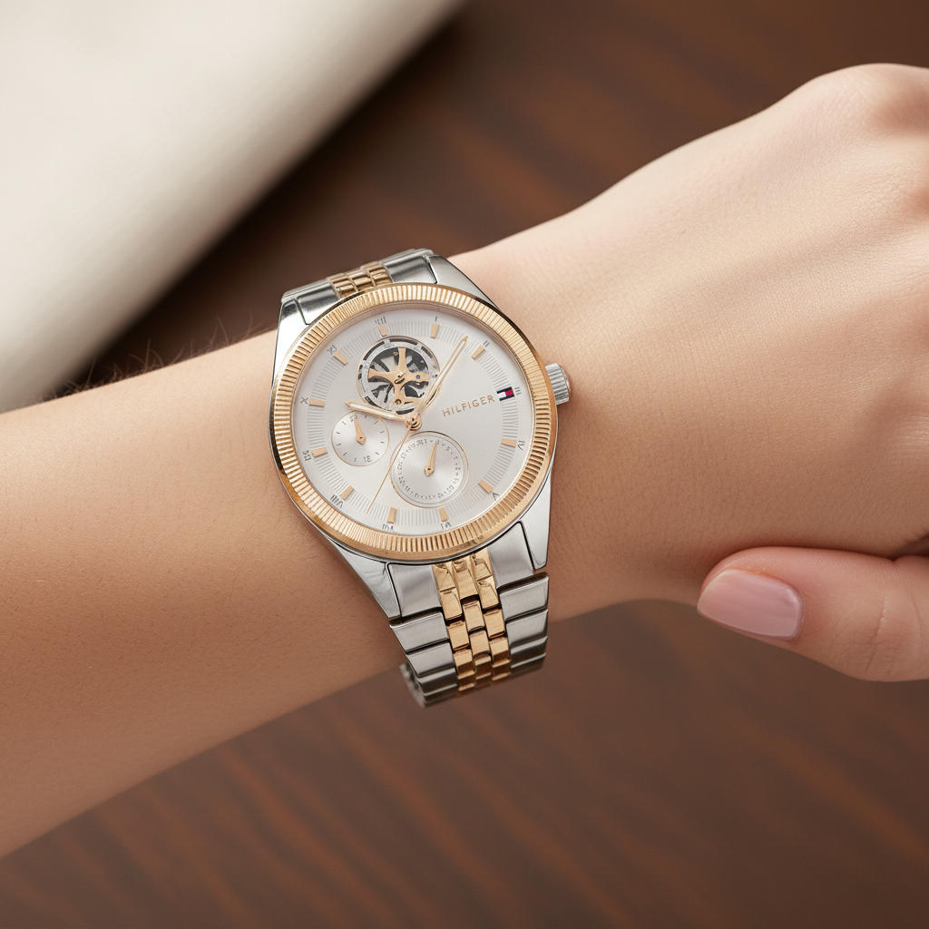 Tommy Hilfiger Monica 1782716 Women's Multi-Function Watch – Grey Semi-Skeleton & Two-Tone Stainless Steel Bracelet