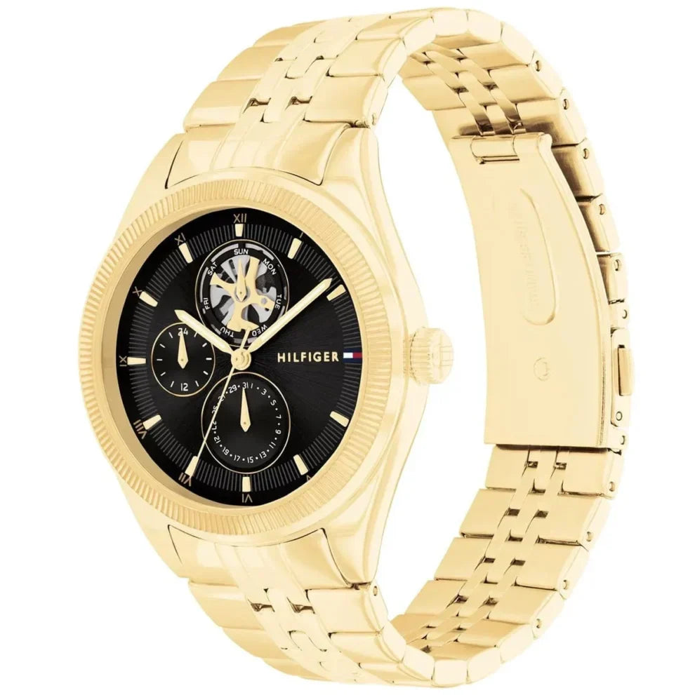 Tommy Hilfiger Monica 1782717 Women's Multi-Function Watch – Black Semi-Skeleton & Gold Stainless Steel Bracelet
