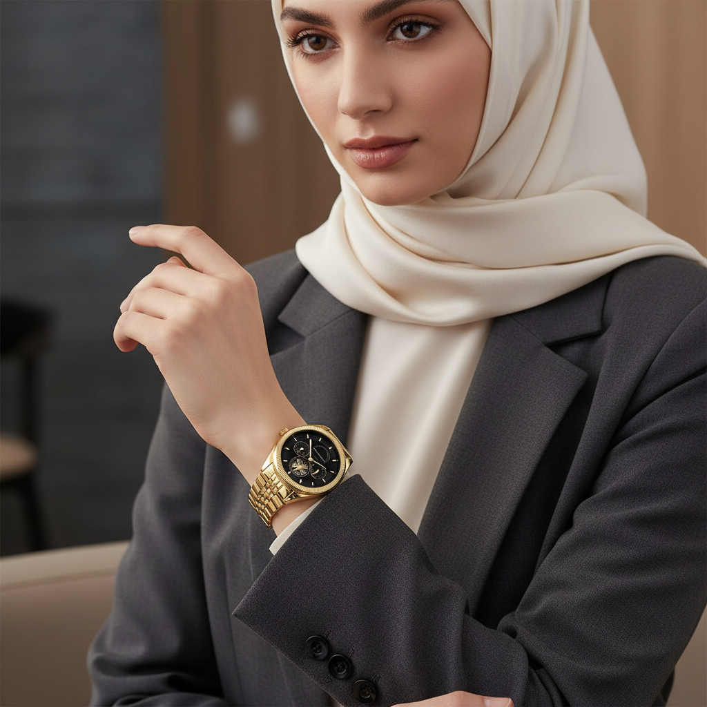 Tommy Hilfiger Monica 1782717 Women's Multi-Function Watch – Black Semi-Skeleton & Gold Stainless Steel Bracelet
