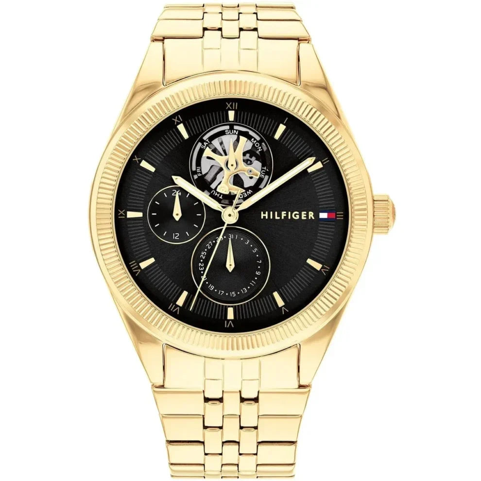 Tommy Hilfiger Monica 1782717 Women's Multi-Function Watch – Black Semi-Skeleton & Gold Stainless Steel Bracelet