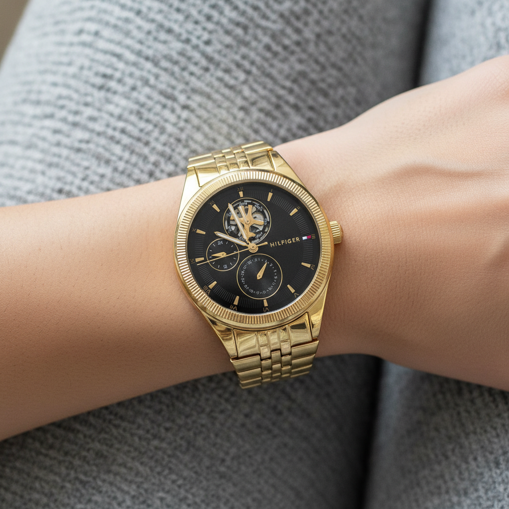 Tommy Hilfiger Monica 1782717 Women's Multi-Function Watch – Black Semi-Skeleton & Gold Stainless Steel Bracelet