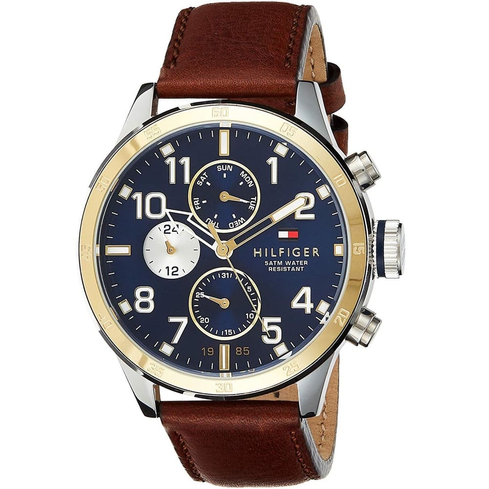 Tommy Hilfiger Trent 1791137 46mm Men's Multi-Function Watch – Blue & Brown Genuine Leather Strap