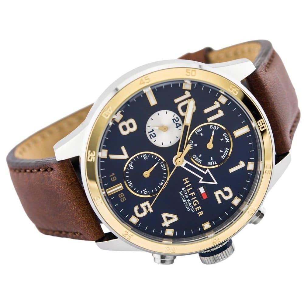 Tommy Hilfiger Trent 1791137 46mm Men's Multi-Function Watch – Blue & Brown Genuine Leather Strap