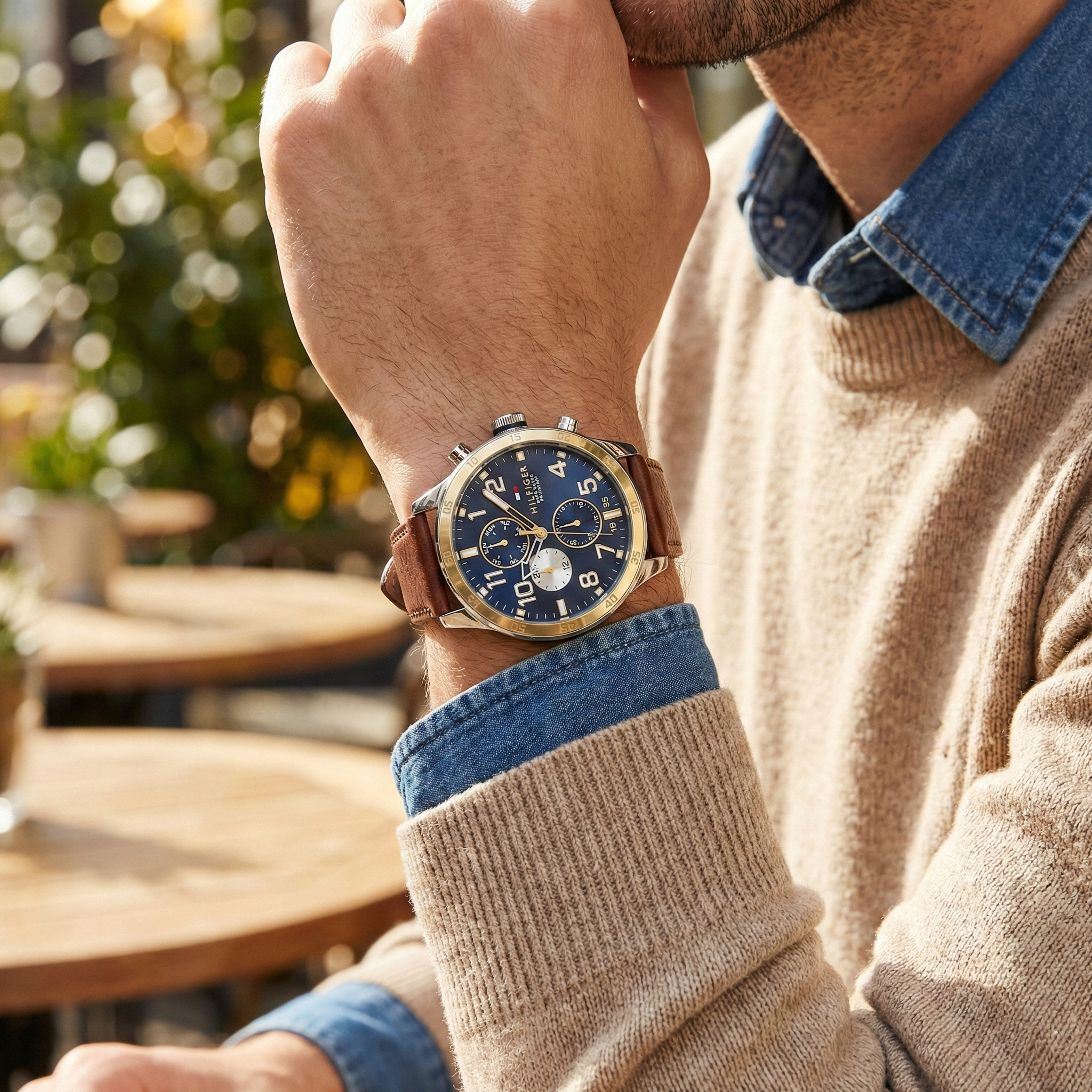 Tommy Hilfiger Trent 1791137 46mm Men's Multi-Function Watch – Blue & Brown Genuine Leather Strap