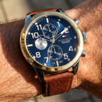 Tommy Hilfiger Trent 1791137 46mm Men's Multi-Function Watch – Blue & Brown Genuine Leather Strap