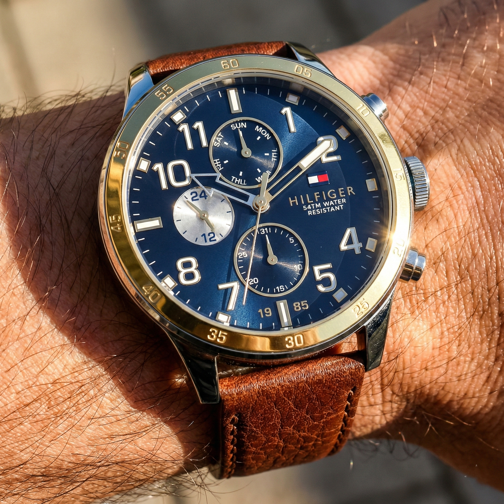 Tommy Hilfiger Trent 1791137 46mm Men's Multi-Function Watch – Blue & Brown Genuine Leather Strap