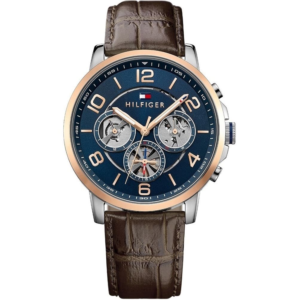 Tommy Hilfiger Keagan 1791290 44mm Men's Multi-Function Watch – Blue & Brown Genuine Leather Strap