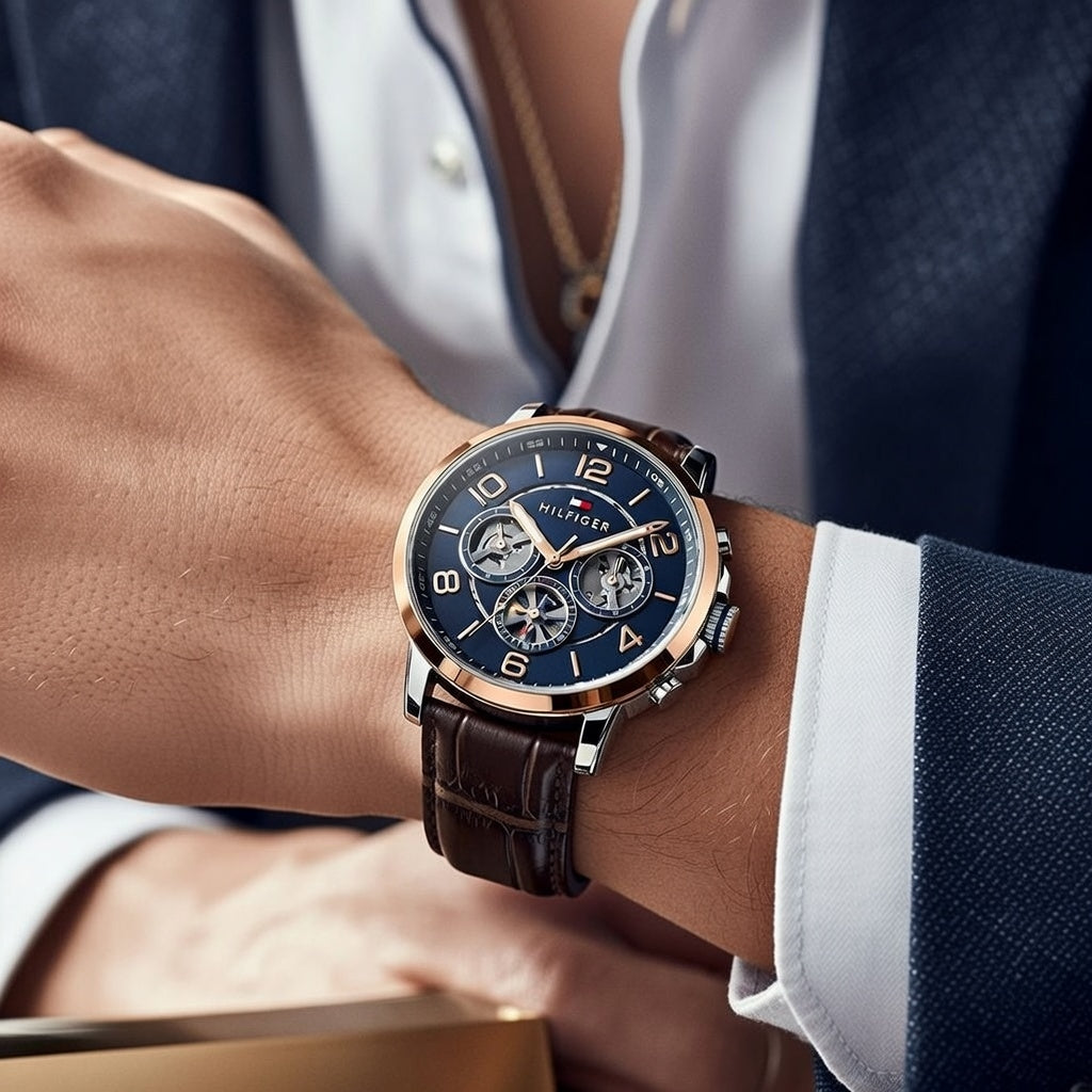 Tommy Hilfiger Keagan 1791290 44mm Men's Multi-Function Watch – Blue & Brown Genuine Leather Strap