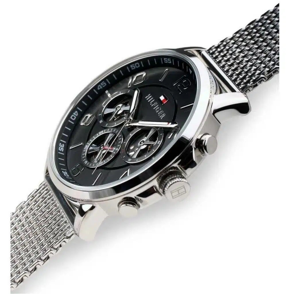 Tommy Hilfiger Keagan 1791292 44mm Men's Multi-Function Watch – Black Skeleton & Silver Stainless Steel Mesh Bracelet