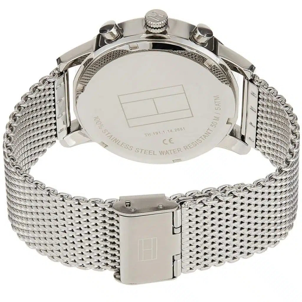 Tommy Hilfiger Keagan 1791292 44mm Men's Multi-Function Watch – Black Skeleton & Silver Stainless Steel Mesh Bracelet