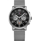 Tommy Hilfiger Keagan 1791292 44mm Men's Multi-Function Watch – Black Skeleton & Silver Stainless Steel Mesh Bracelet