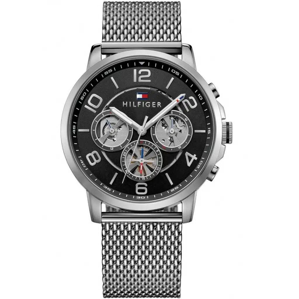Tommy Hilfiger Keagan 1791292 44mm Men's Multi-Function Watch – Black Skeleton & Silver Stainless Steel Mesh Bracelet