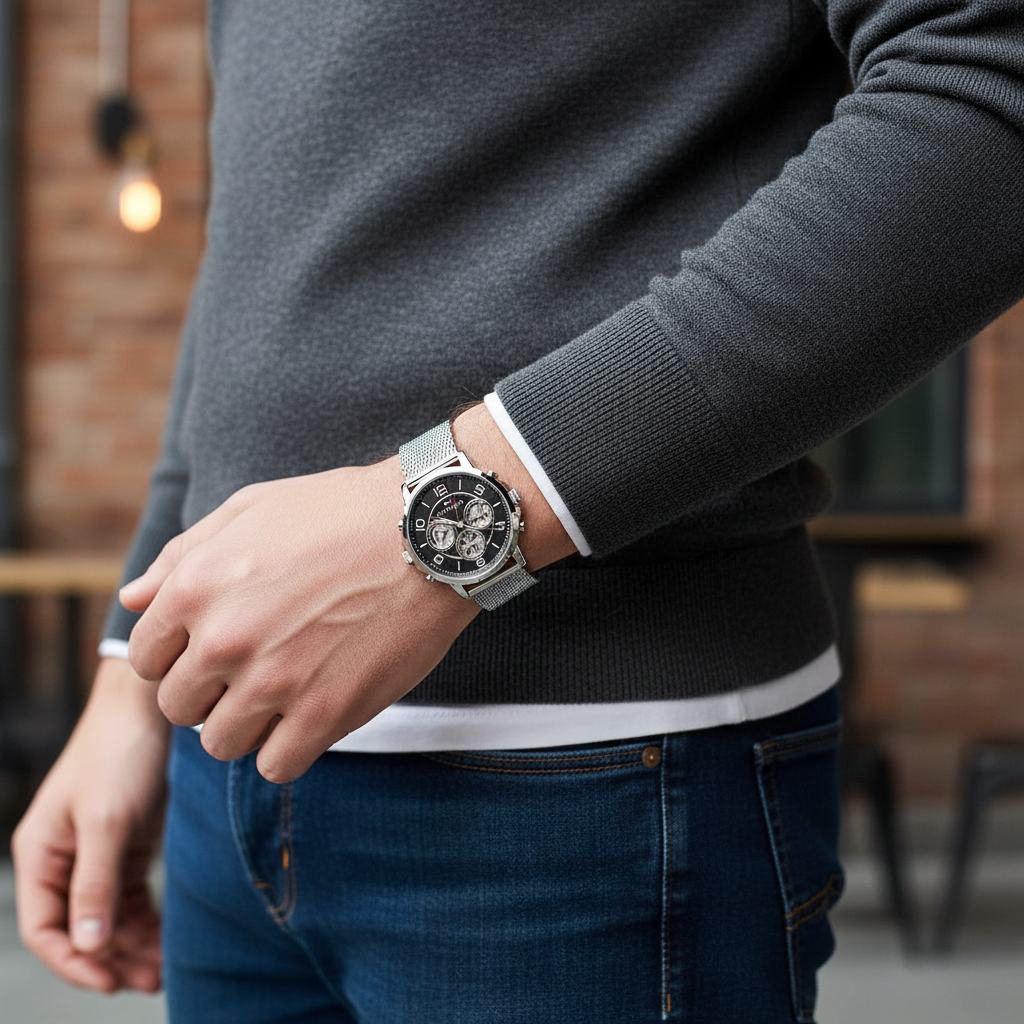 Tommy Hilfiger Keagan 1791292 44mm Men's Multi-Function Watch – Black Skeleton & Silver Stainless Steel Mesh Bracelet