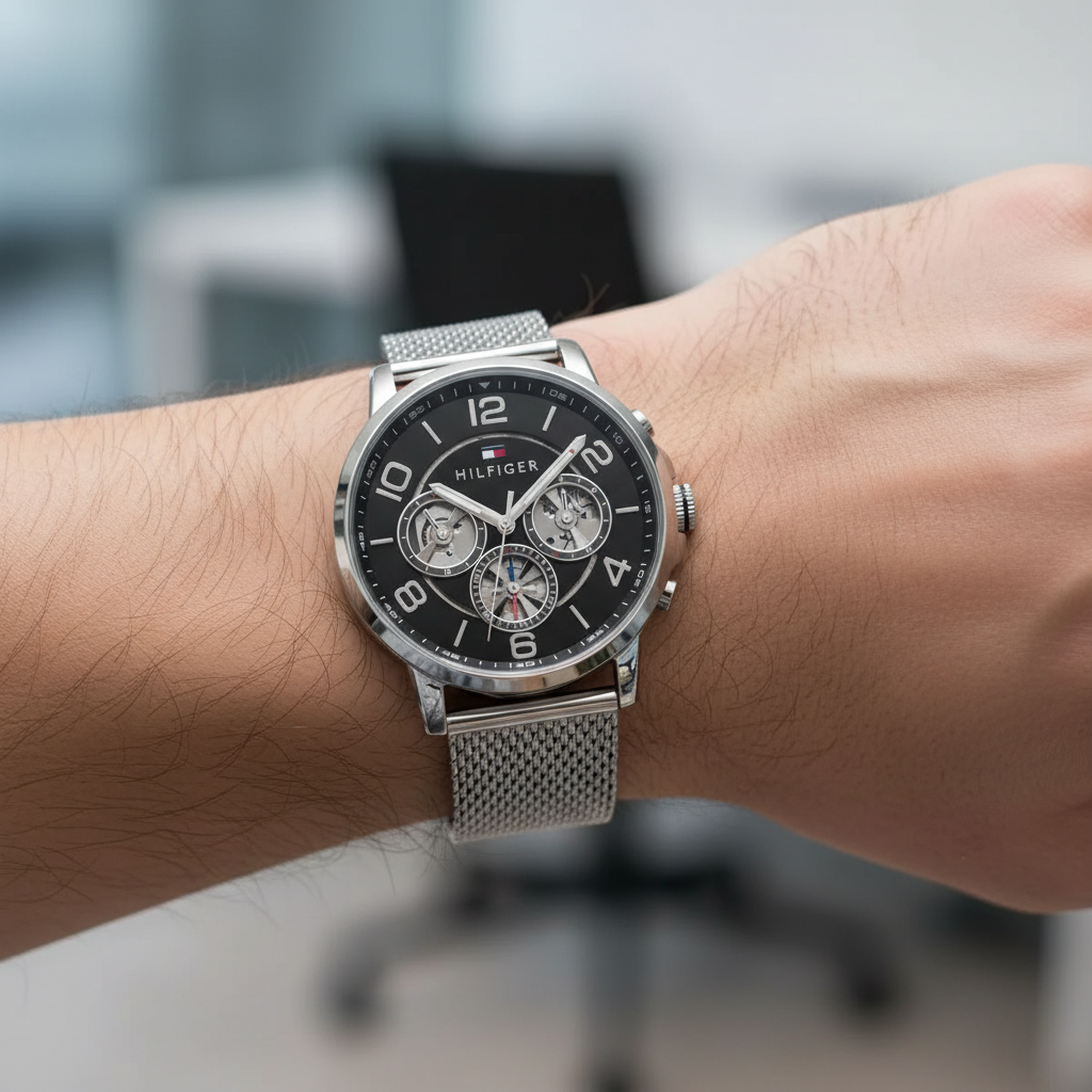 Tommy Hilfiger Keagan 1791292 44mm Men's Multi-Function Watch – Black Skeleton & Silver Stainless Steel Mesh Bracelet