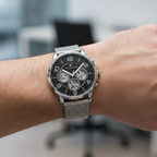 Tommy Hilfiger Keagan 1791292 44mm Men's Multi-Function Watch – Black Skeleton & Silver Stainless Steel Mesh Bracelet