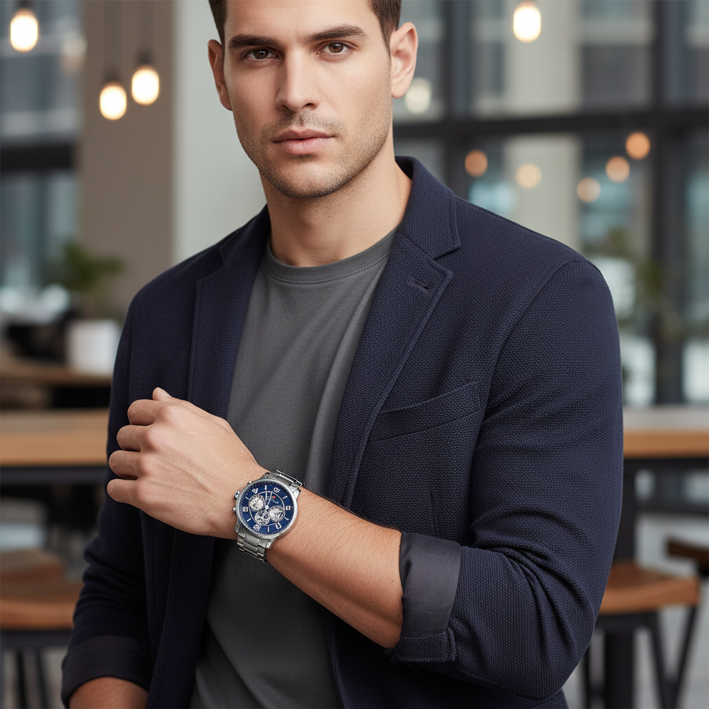 Tommy Hilfiger Keagan 1791293 44mm Men's Quartz Watch – Blue & Silver Stainless Steel Bracelet