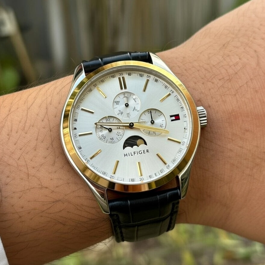 Tommy Hilfiger Oliver 1791305 43mm Men's Multi-Function Watch – White & Black Genuine Leather Strap