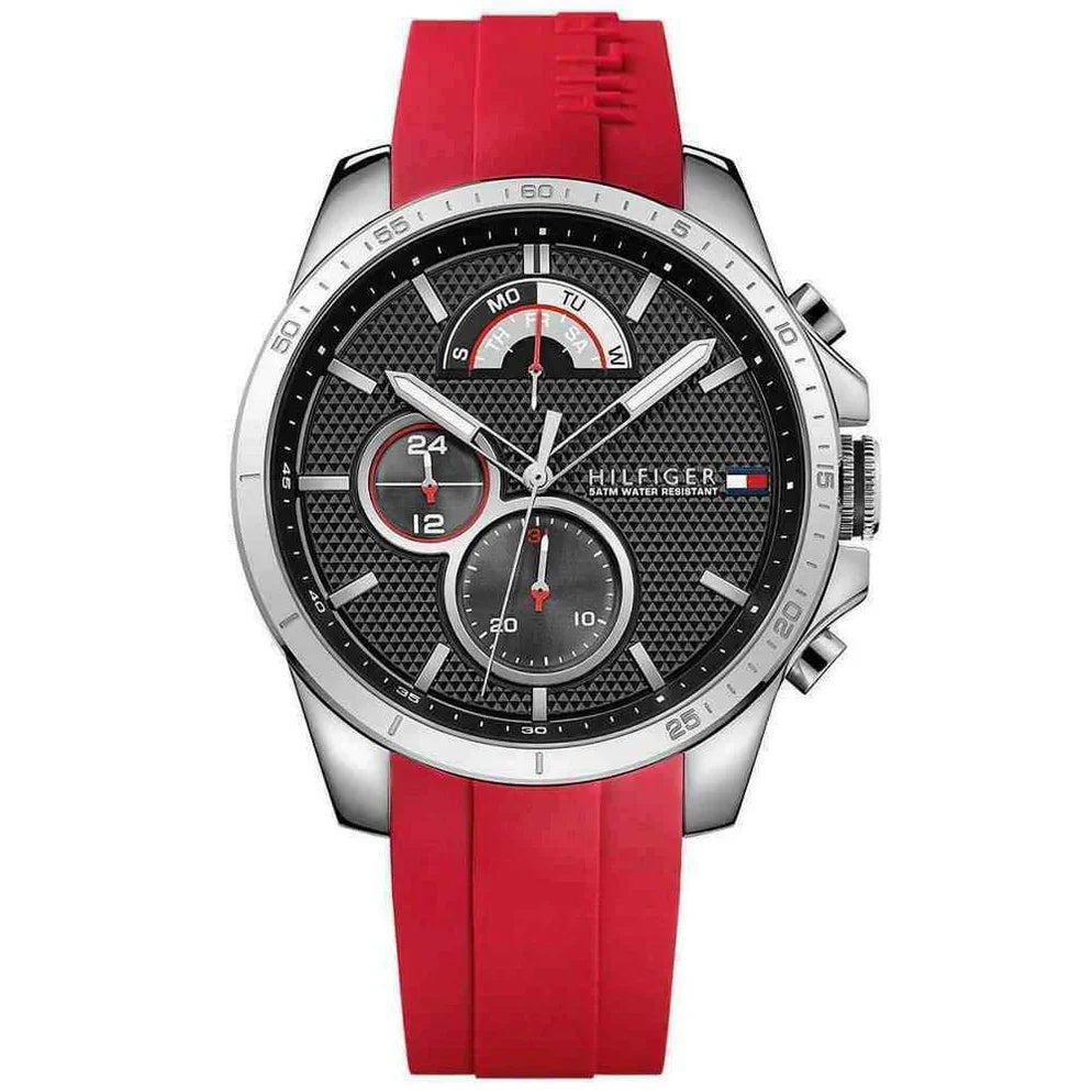 Tommy Hilfiger Decker 1791351 46mm Men's Multi-Function Watch – Black & Red Silicone Strap