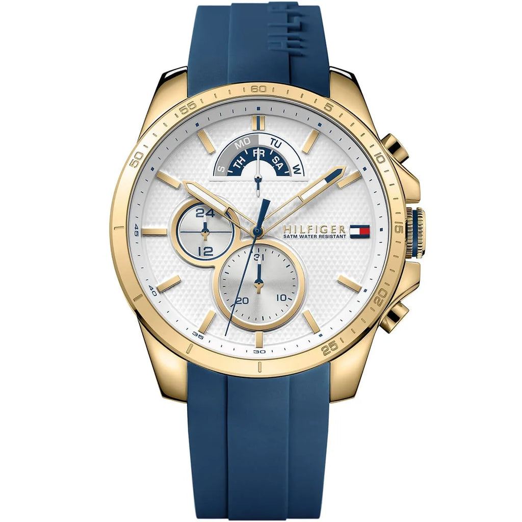 Tommy Hilfiger Decker 1791353 46mm Men's Multi-Function Watch – White & Blue Silicone Strap