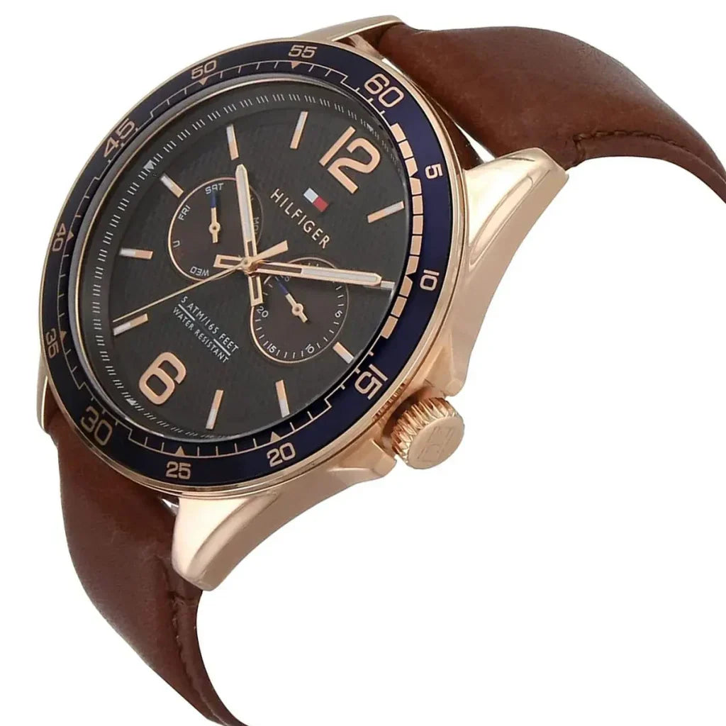 Tommy Hilfiger Erik 1791367 46mm Men's Multi-Function Watch – Brown & Blue Genuine Leather Strap