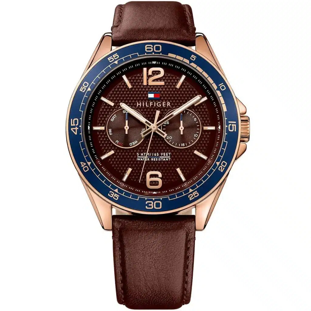 Tommy Hilfiger Erik 1791367 46mm Men's Multi-Function Watch – Brown & Blue Genuine Leather Strap