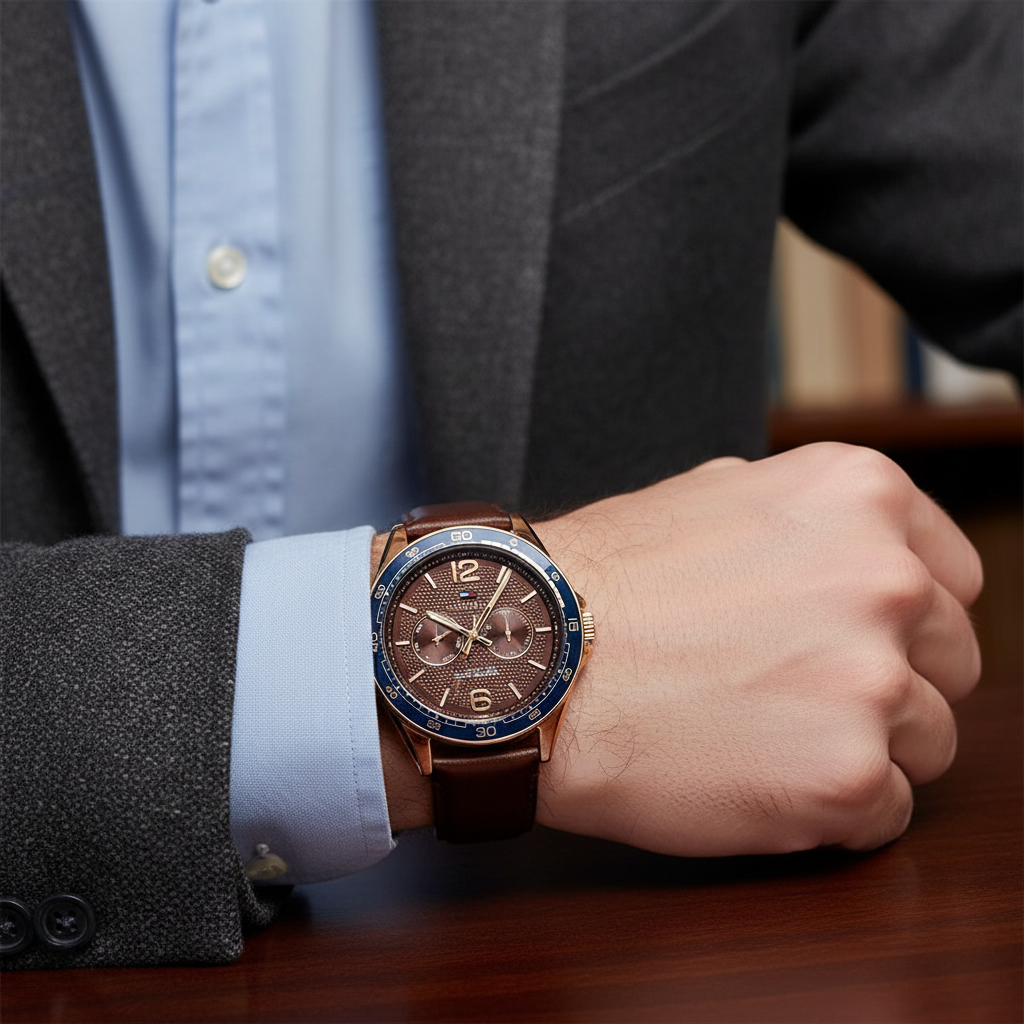 Tommy Hilfiger Erik 1791367 46mm Men's Multi-Function Watch – Brown & Blue Genuine Leather Strap
