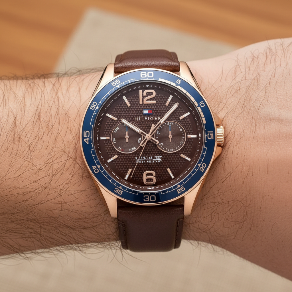 Tommy Hilfiger Erik 1791367 46mm Men's Multi-Function Watch – Brown & Blue Genuine Leather Strap