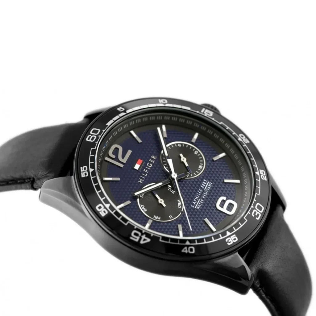 Tommy Hilfiger Erik 1791368 46mm Men's Multi-Function Watch – Blue Textured & Black Genuine Leather Strap