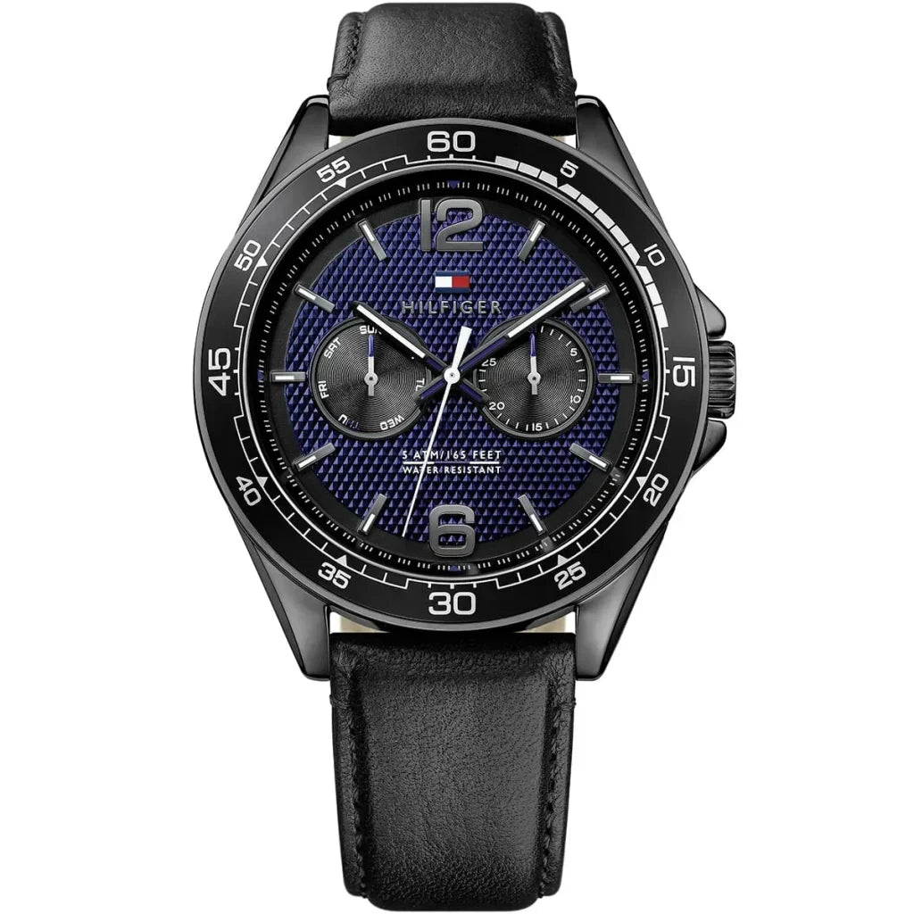 Tommy Hilfiger Erik 1791368 46mm Men's Multi-Function Watch – Blue Textured & Black Genuine Leather Strap