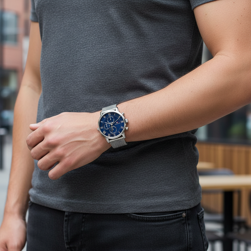Tommy Hilfiger Kane 1791398 44mm Men's Multi-Function Watch – Blue & Silver Stainless Steel Mesh Bracelet