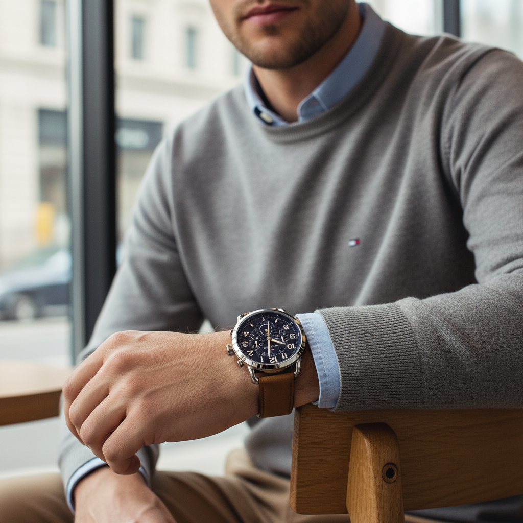 Tommy Hilfiger Briggs 1791424 46mm Men's Multi-Function Watch – Navy Blue & Brown Genuine Leather Strap