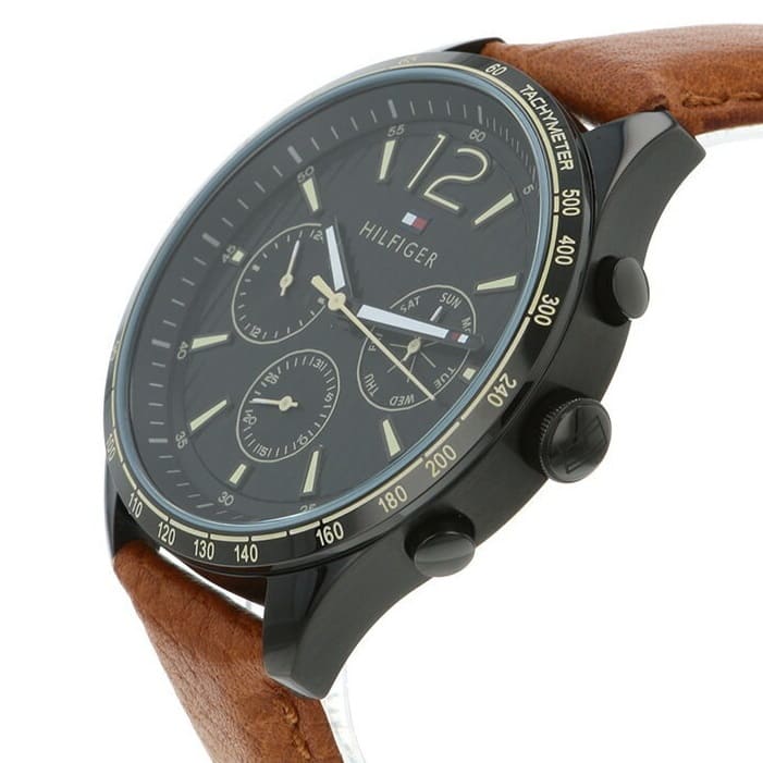 Tommy Hilfiger Gavin 1791470 44mm Men's Multi-Function Watch – Black & Light Brown Genuine Leather Strap