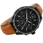 Tommy Hilfiger Gavin 1791470 44mm Men's Multi-Function Watch – Black & Light Brown Genuine Leather Strap