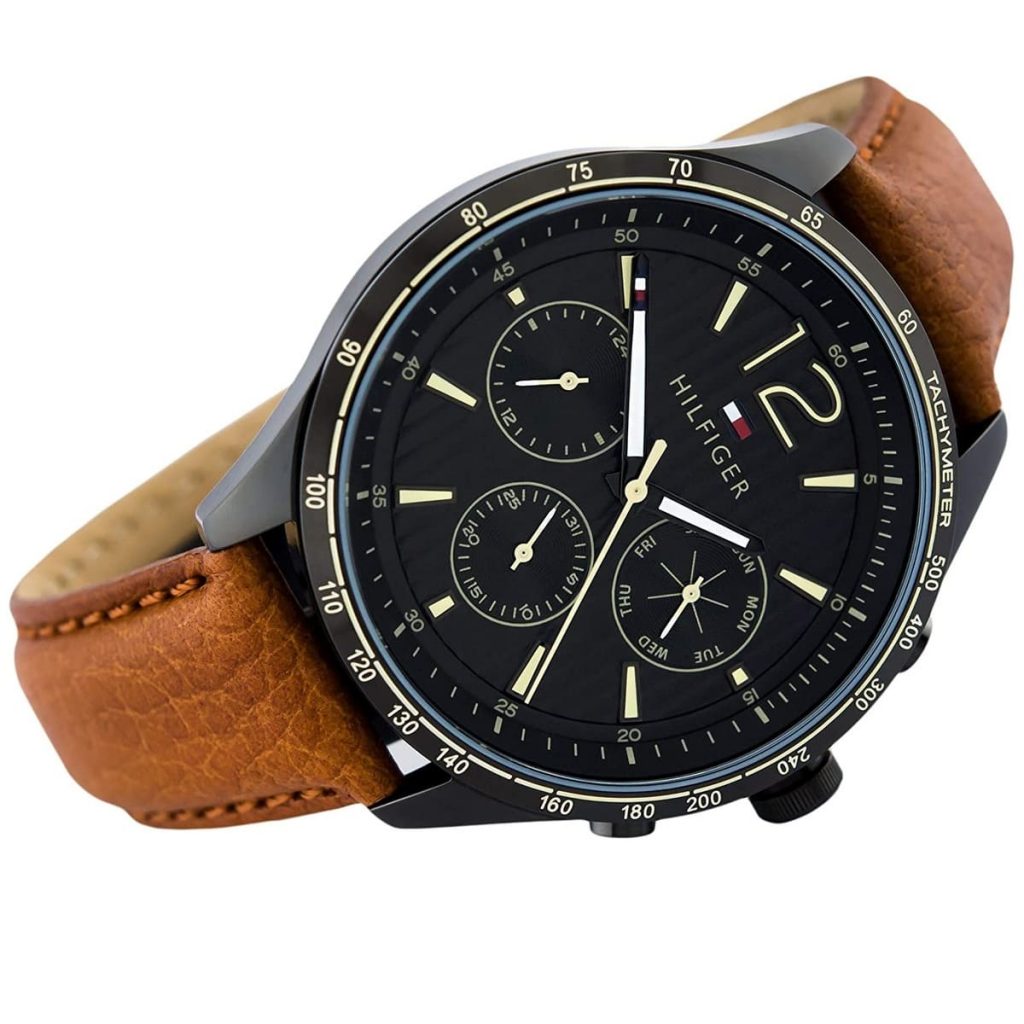 Tommy Hilfiger Gavin 1791470 44mm Men's Multi-Function Watch – Black & Light Brown Genuine Leather Strap