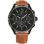 Tommy Hilfiger Gavin 1791470 44mm Men's Multi-Function Watch – Black & Light Brown Genuine Leather Strap