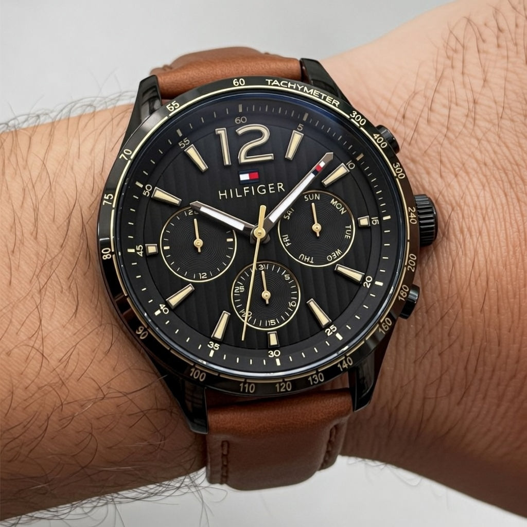 Tommy Hilfiger Gavin 1791470 44mm Men's Multi-Function Watch – Black & Light Brown Genuine Leather Strap