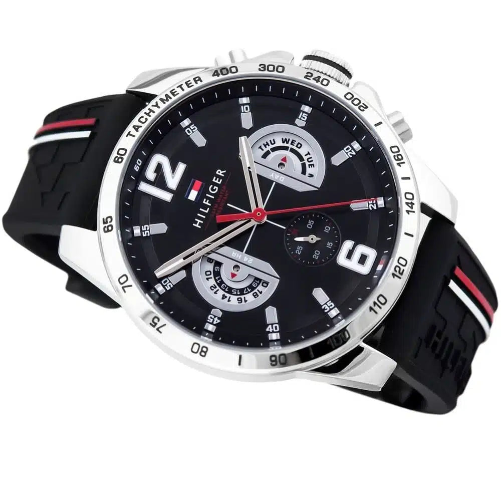Tommy Hilfiger Decker 1791473 46mm Men's Multi-Function Watch – Black & Black Silicone Strap