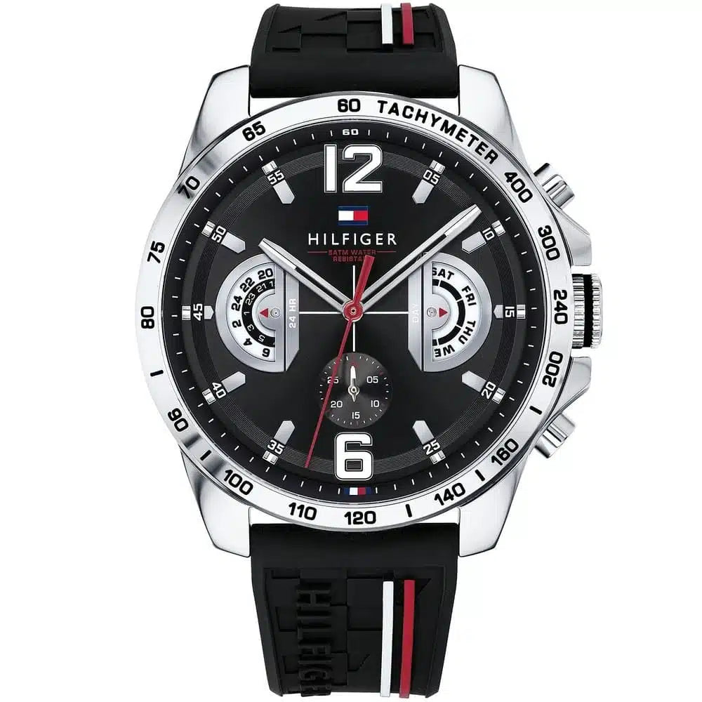 Tommy Hilfiger Decker 1791473 46mm Men's Multi-Function Watch – Black & Black Silicone Strap