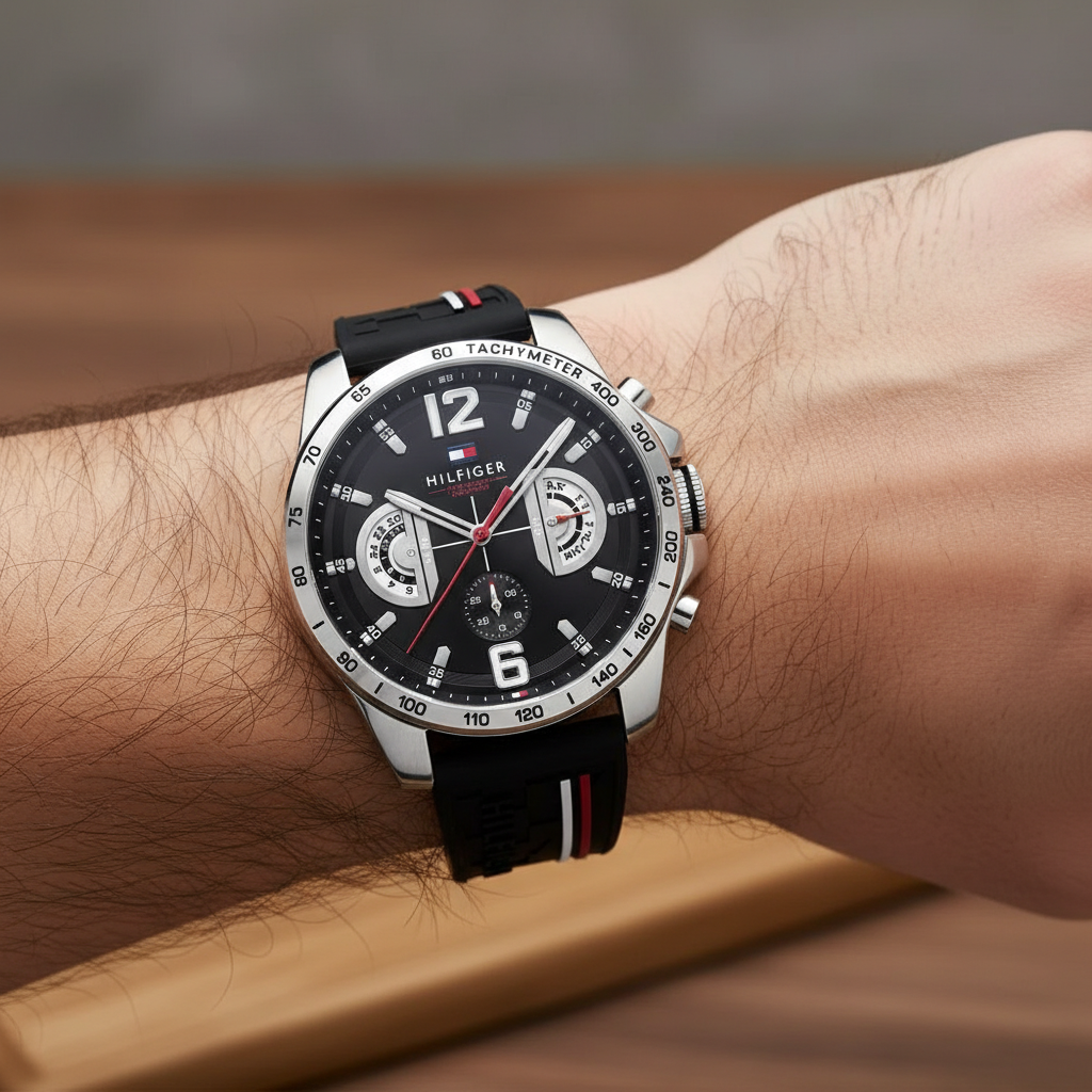 Tommy Hilfiger Decker 1791473 46mm Men's Multi-Function Watch – Black & Black Silicone Strap