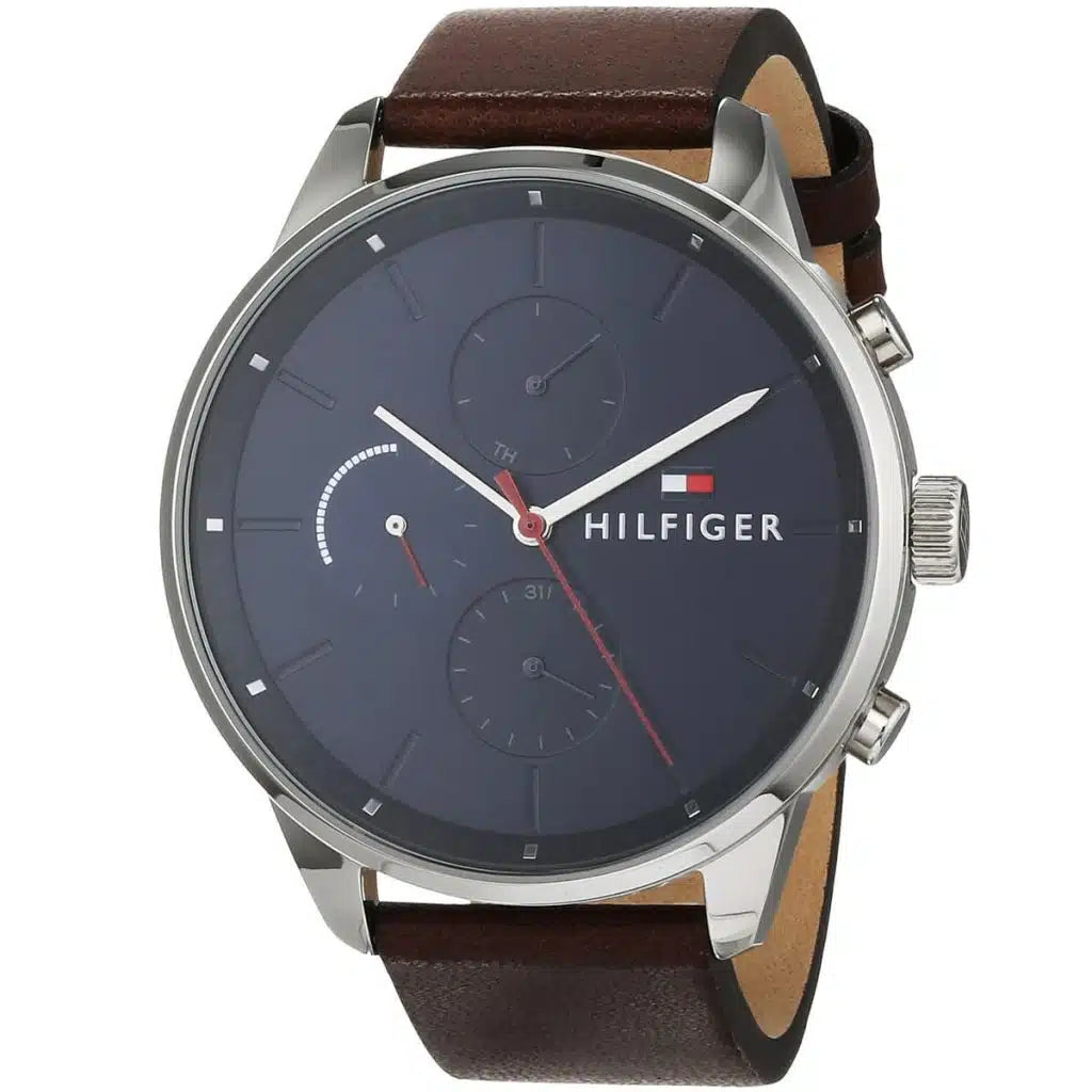 Tommy Hilfiger Chase 1791487 44mm Men's Multi-Function Watch – Blue & Brown Genuine Leather Strap