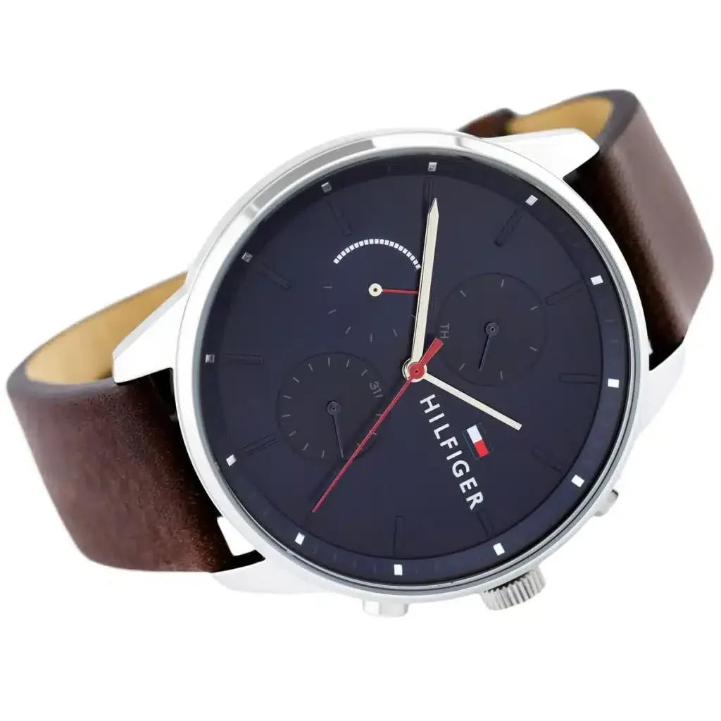 Tommy Hilfiger Chase 1791487 44mm Men's Multi-Function Watch – Blue & Brown Genuine Leather Strap