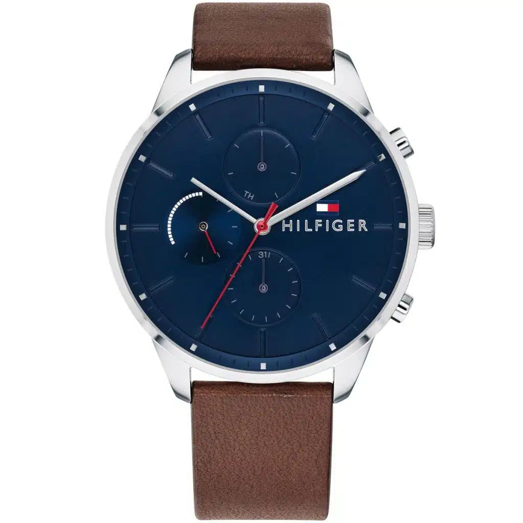 Tommy Hilfiger Chase 1791487 44mm Men's Multi-Function Watch – Blue & Brown Genuine Leather Strap