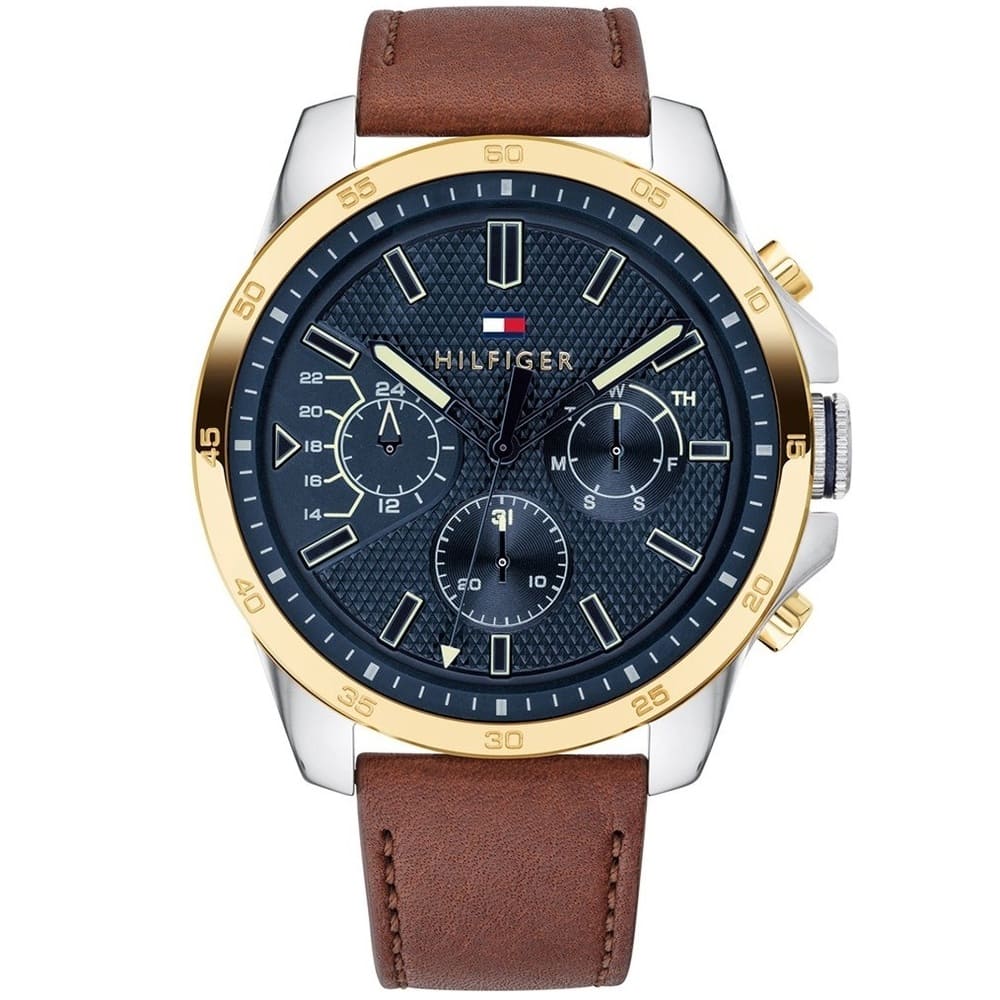 Tommy Hilfiger Decker 1791561 46mm Men's Multi-Function Watch – Blue & Brown Genuine Leather Strap