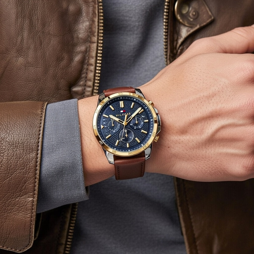 Tommy Hilfiger Decker 1791561 46mm Men's Multi-Function Watch – Blue & Brown Genuine Leather Strap