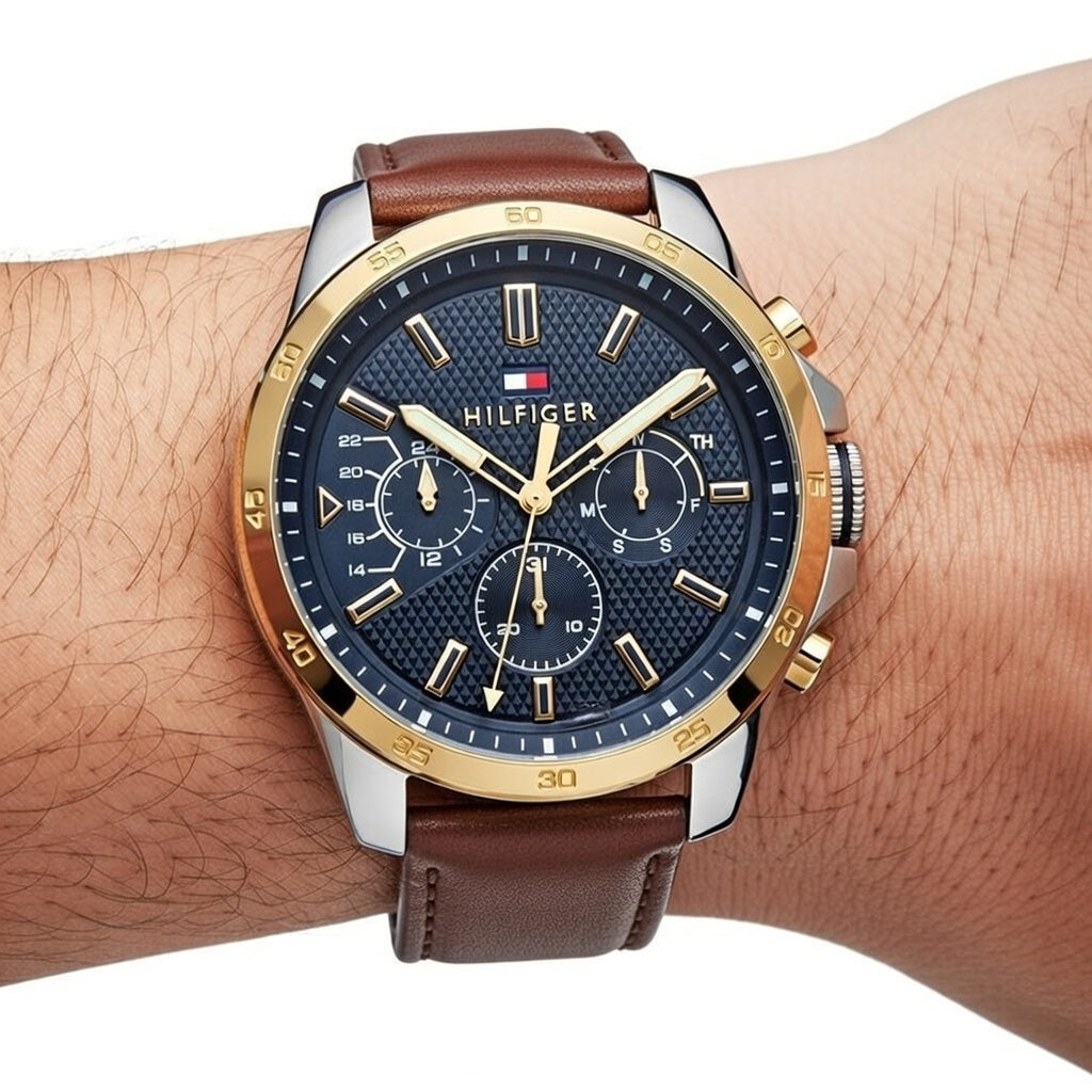 Tommy Hilfiger Decker 1791561 46mm Men's Multi-Function Watch – Blue & Brown Genuine Leather Strap